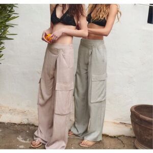 Zara Womens Light Green Asymmetric Wide Leg Full Length Cargo Pants XS
